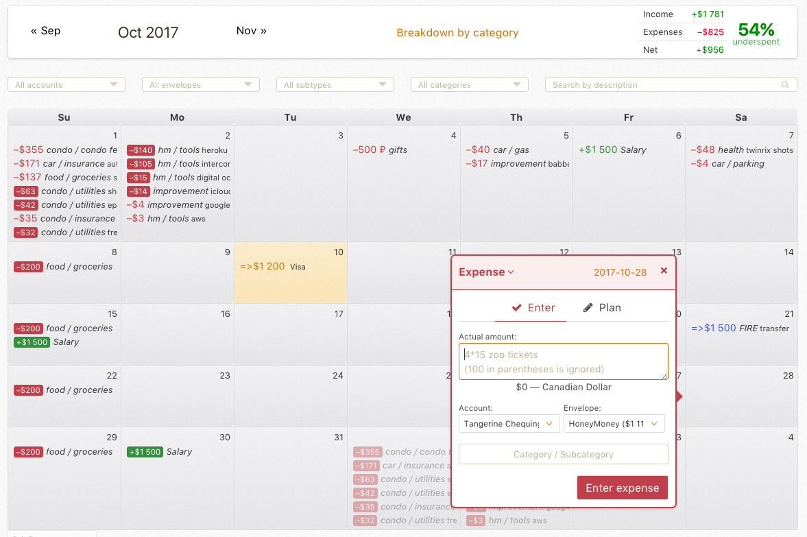 Calendar view showing transactions